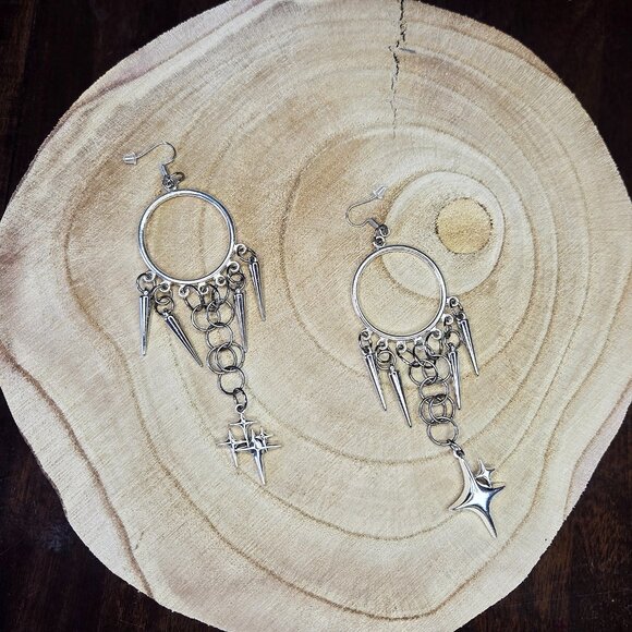 Bold Metal Spike Dangle Earrings With Star Pendants - Reclaim Power Over Anxiety - Picture 3 of 4